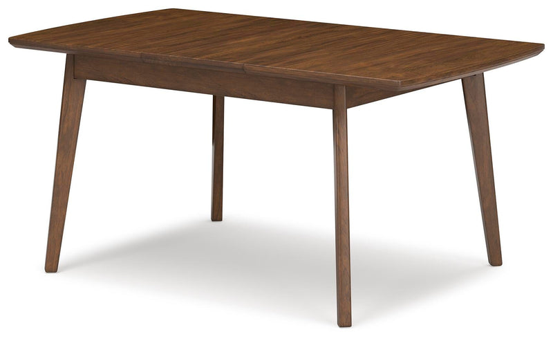Ashley Furniture Lyncott dining room set with a wooden table and upholstered chairs, shown from an angled side view.