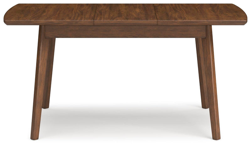 Ashley Furniture Lyncott Dining Extension Table with wooden surface and sturdy legs, shown from the back view.