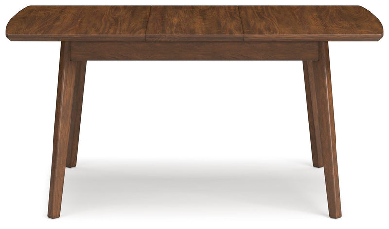 Ashley Furniture Lyncott dining extension table with a polished wooden surface and sturdy legs in a well-lit dining room setting.
