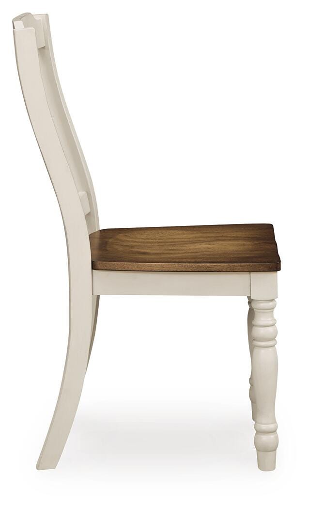 Ashley Furniture Wirloni dining chair with wooden legs and upholstered seat, shown from a side view.