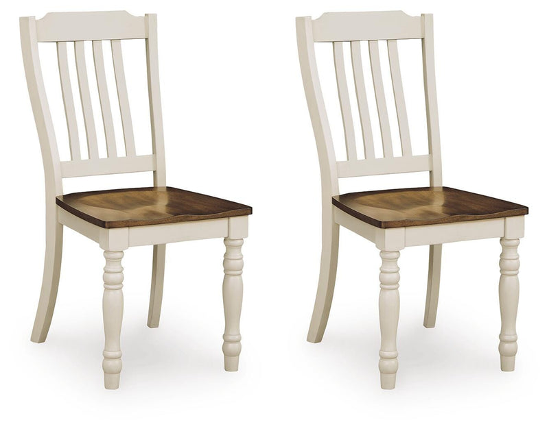 Ashley Furniture Wirloni dining chair with dark wood finish and upholstered seat, shown from an angled side view.