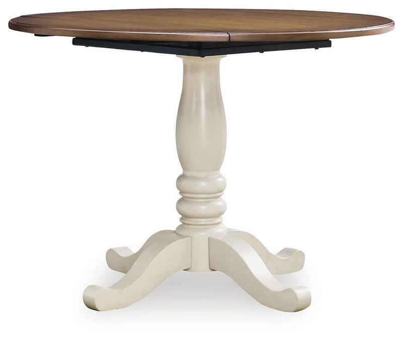 Ashley Furniture Wirloni dining drop leaf table with angled view, showcasing its wood finish and expandable design for versatile dining space.