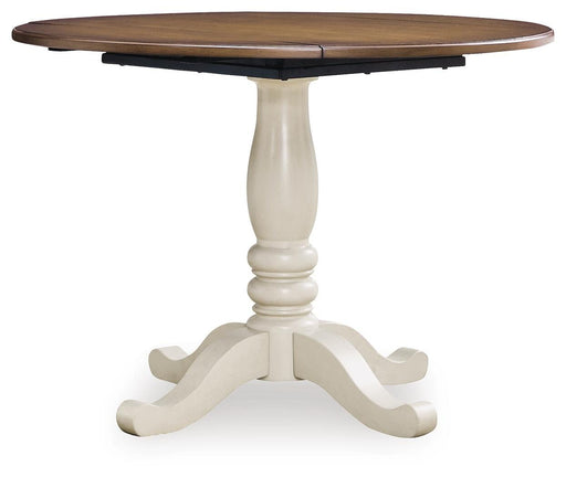 Ashley Furniture Wirloni dining drop leaf table with angled view, showcasing its wood finish and expandable design for versatile dining space.