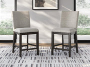 Ashley Furniture Neymorton counter height barstool with wooden legs and upholstered seat, shown from a side angle.