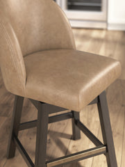 Set of two Ashley Furniture Neymorton counter height barstools with wooden seats and black metal frames, shown in detail.