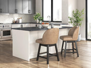 Set of two Neymorton counter height barstools by Ashley Furniture with wooden legs and upholstered seats, ideal for kitchen or bar area