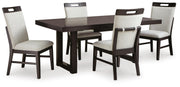 Ashley Furniture Neymorton dining room set with a wooden table and six matching chairs, featuring a sleek, modern design.