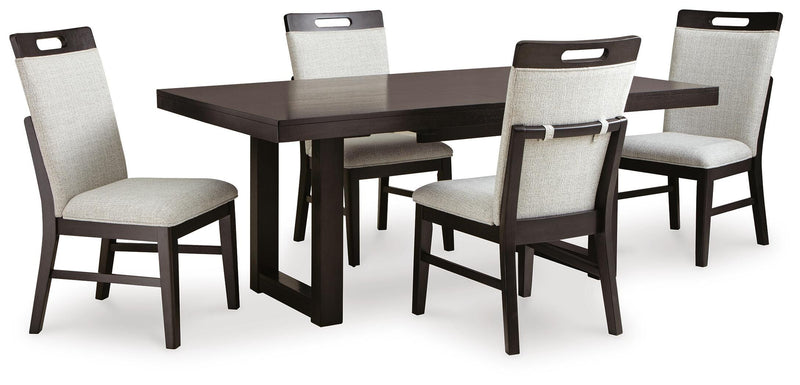 Ashley Furniture Neymorton dining room set with a wooden table and six matching chairs, featuring a sleek, modern design.