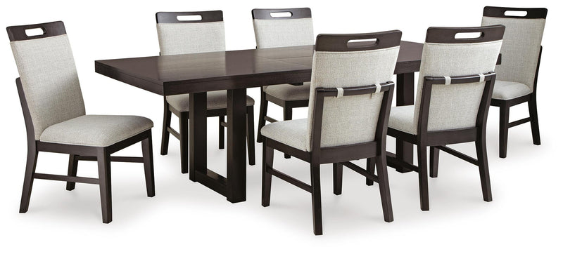 Ashley Furniture Neymorton dining room set featuring a wooden table and six upholstered chairs in a modern design.
