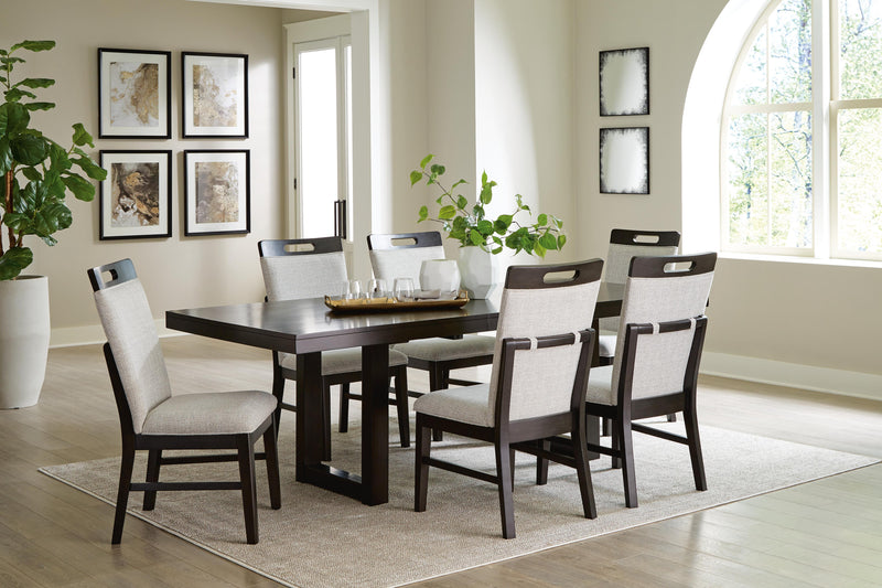 Ashley Furniture Neymorton dining room set with wooden table and six upholstered chairs, modern design in a well-lit dining space.