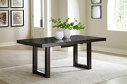 Ashley Furniture Neymorton dining room set with a wooden table and six matching chairs, featuring a leaf-shaped table design.
