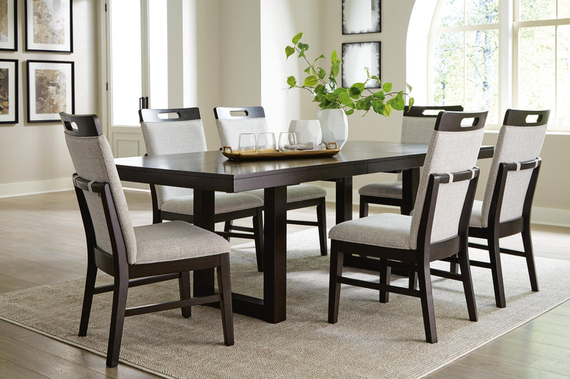 Ashley Furniture Neymorton dining room set with a rectangular table and six upholstered chairs, perfect for kitchen or dining space.