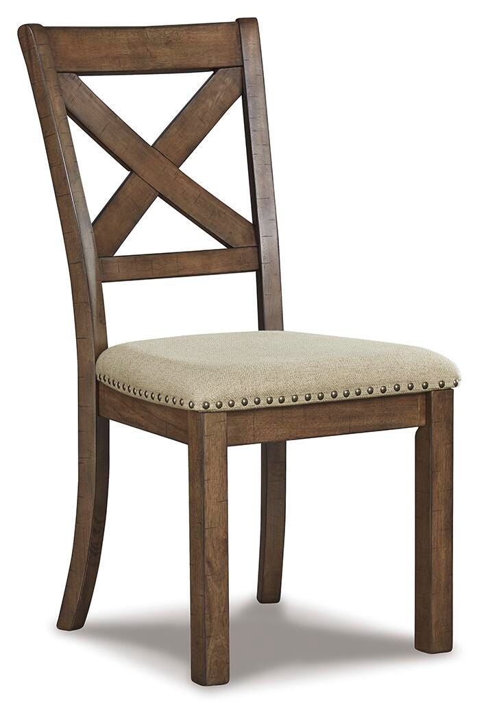 Ashley Furniture Moriville counter height dining set with table and chairs, shown from an angled side view.