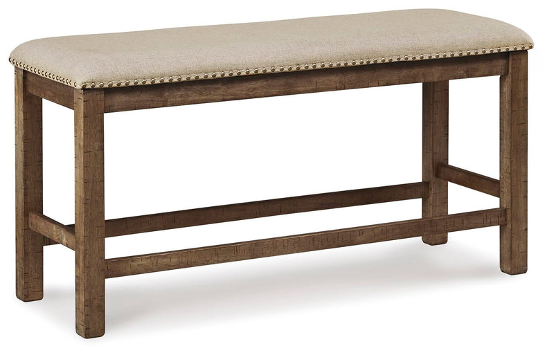 Ashley Furniture Moriville counter height dining set with a wooden table and matching chairs in a modern dining room setting.