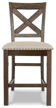 Ashley Furniture Moriville counter height dining set with four chairs and a rectangular table, shown from a head-on view.