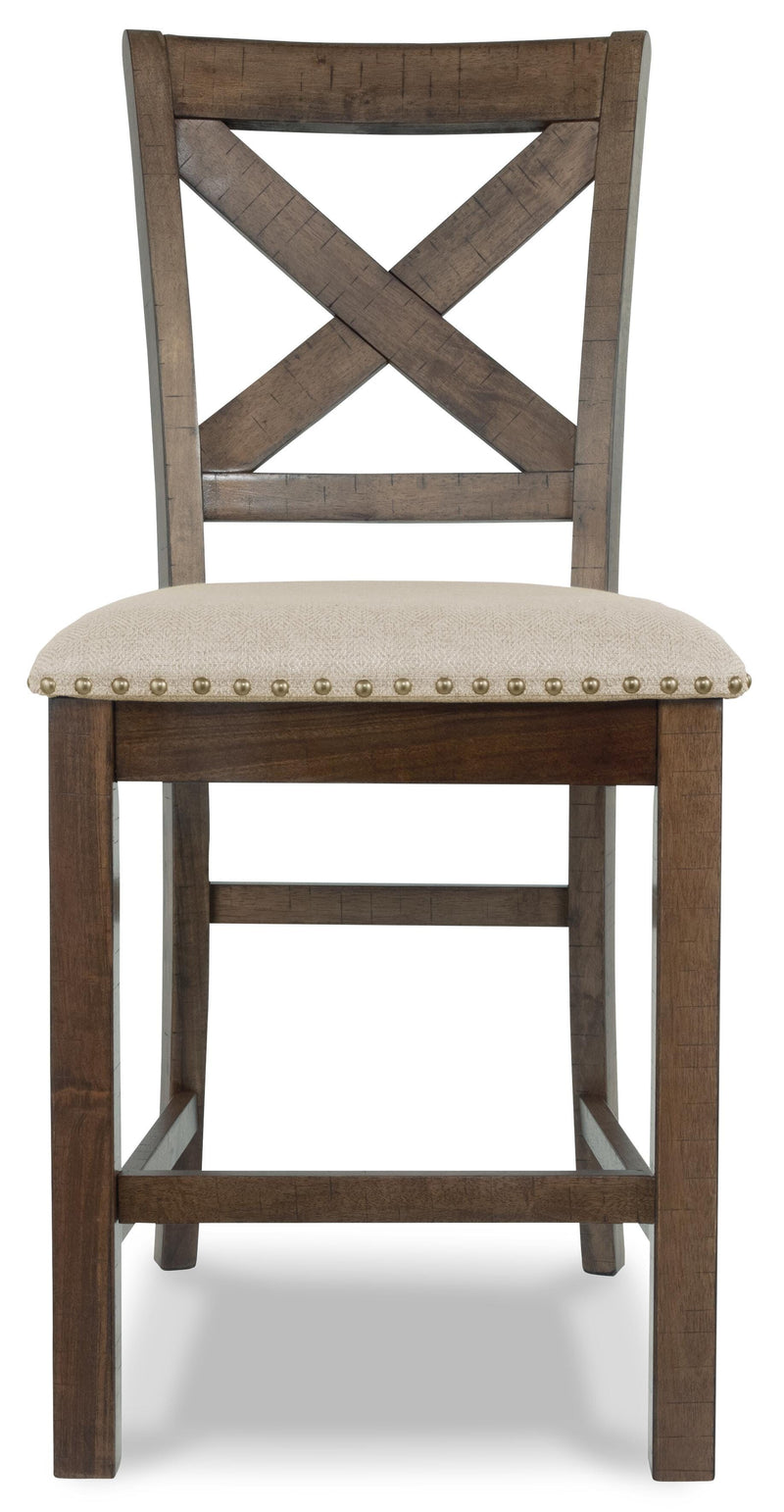 Ashley Furniture Moriville counter height dining set with four chairs and a rectangular table, shown from a head-on view.