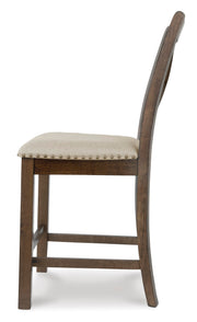 Ashley Furniture Moriville counter height dining set with four chairs and a rectangular table in a modern dining room setting.