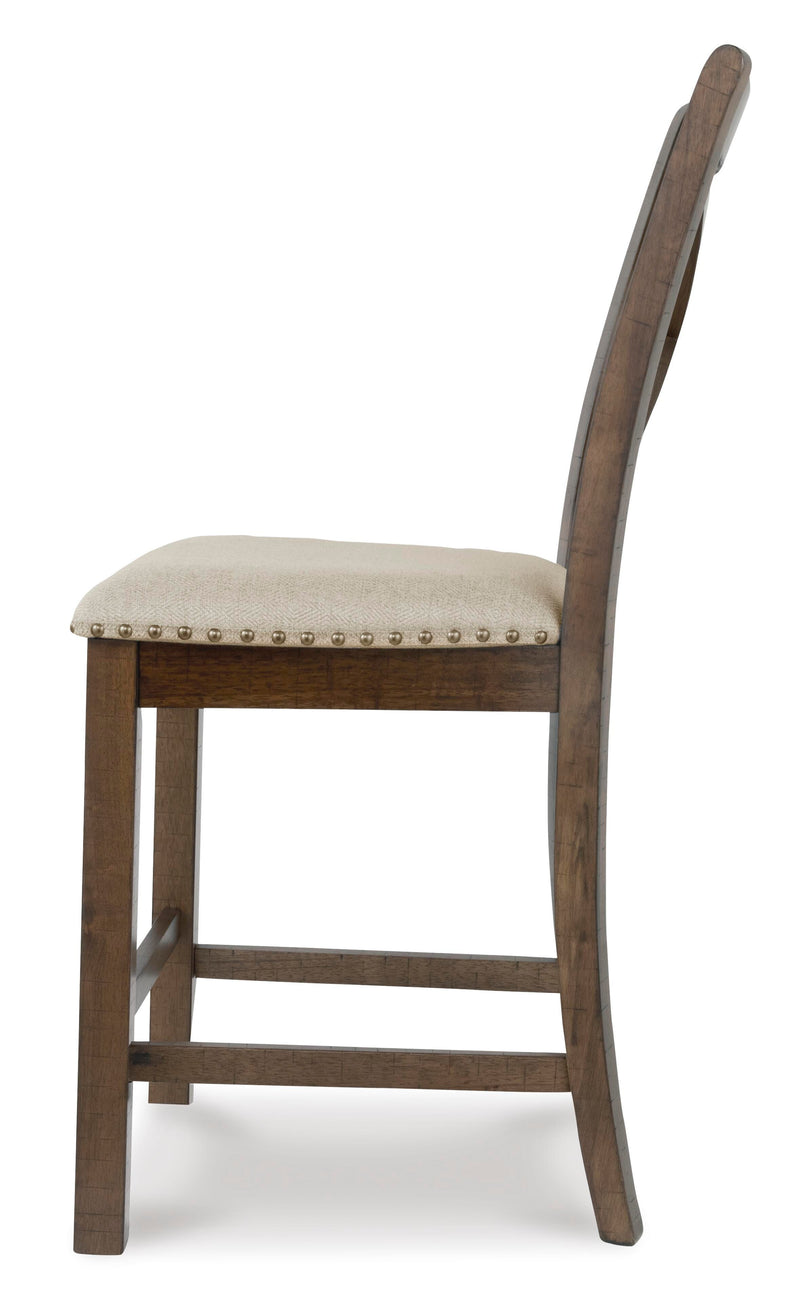 Ashley Furniture Moriville counter height dining set with four chairs and a rectangular table in a modern dining room setting.