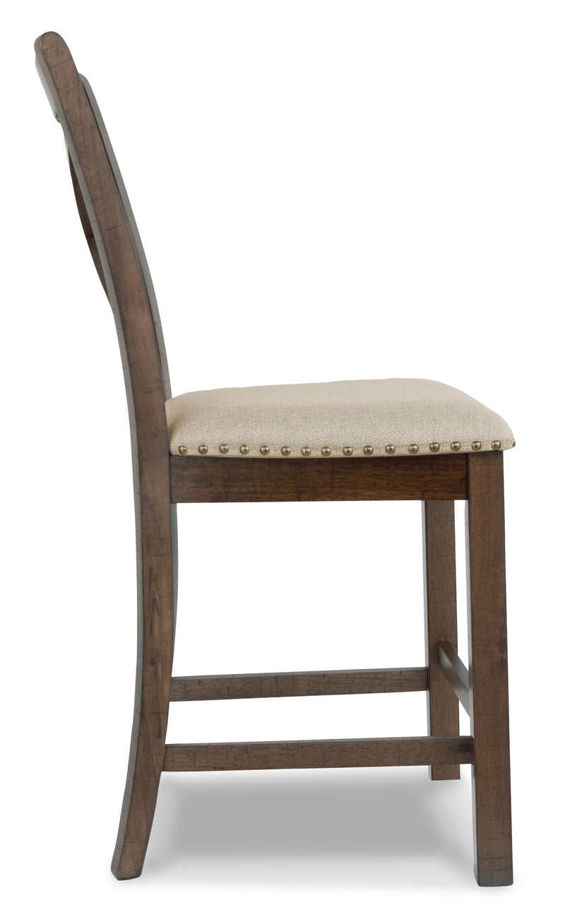 Ashley Furniture Moriville counter height dining set with matching chairs and table in a modern dining room setting.