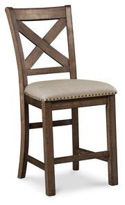 Ashley Furniture Moriville counter height dining set with table and matching chairs, ideal for modern dining rooms.