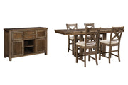 Ashley Furniture Moriville counter height dining set with four chairs and a rectangular table in a modern dining room setting.