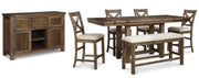 Ashley Furniture Moriville counter height dining set with a wooden table and matching chairs in a modern dining room setting.