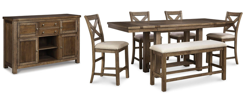 Ashley Furniture Moriville counter height dining set with a wooden table and matching chairs in a modern dining room setting.