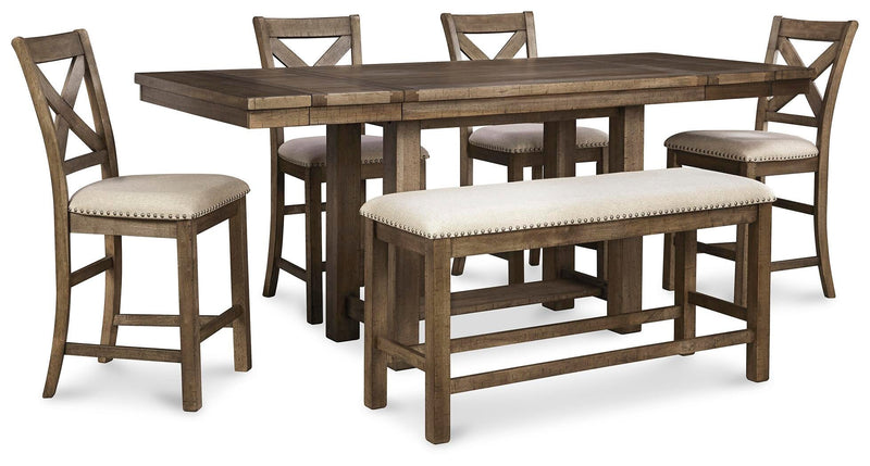 Ashley Furniture Moriville counter height dining set with dark wood table and matching upholstered chairs in a modern dining room.