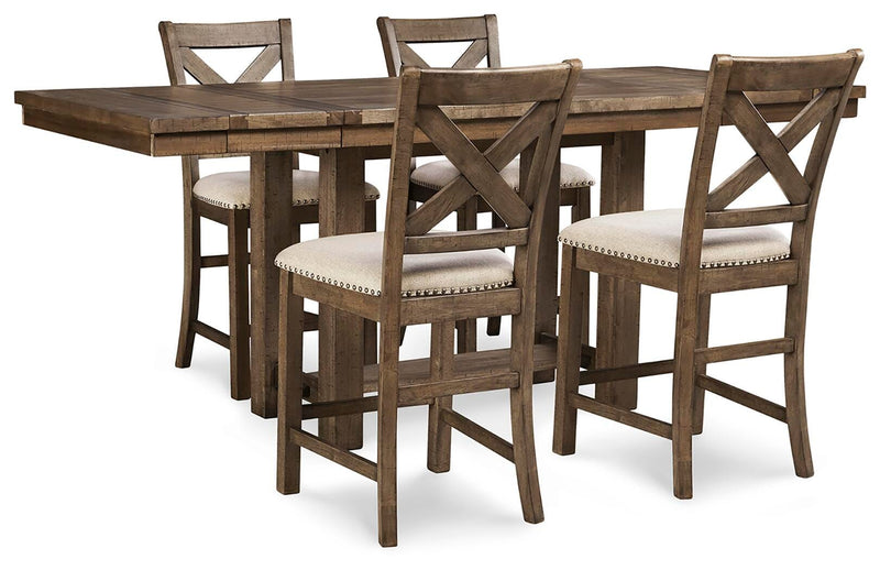Ashley Moriville counter height dining set with wooden table and matching chairs in a modern dining room setting.