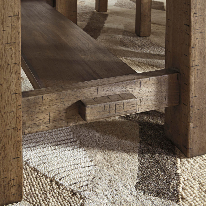 Detail of Ashley Furniture Moriville counter height dining set with wooden table and matching chairs, ideal for modern dining rooms.