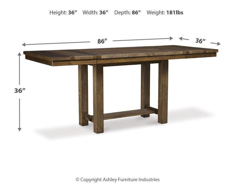 Ashley Moriville counter height dining set with a wooden table and matching chairs in a modern dining room style.