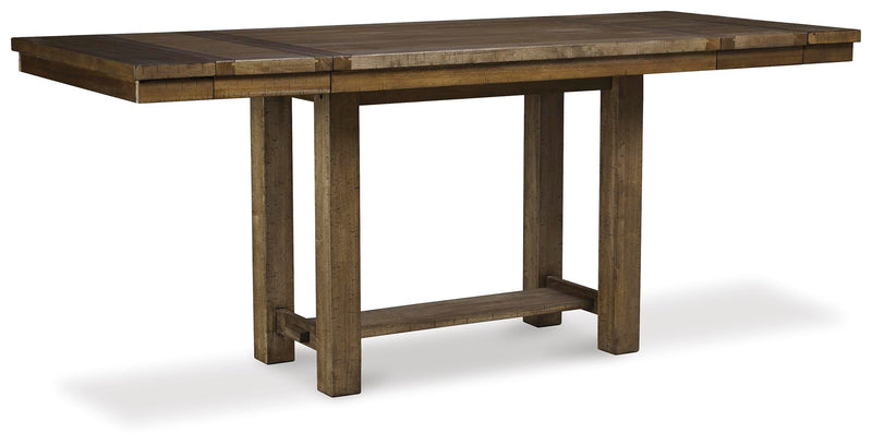 Ashley Furniture Moriville counter height dining set with table and chairs in a modern dining room setting.