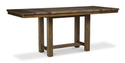 Ashley Furniture Moriville counter height dining set with a wooden table and matching chairs, ideal for casual dining spaces.