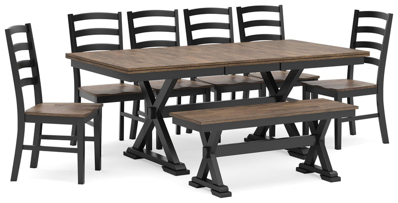 Ashley Furniture Wildenauer casual dining set with wooden table and six cushioned chairs in a modern kitchen setting.