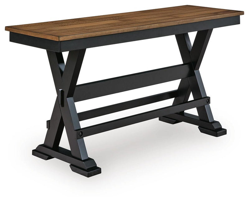 Ashley Furniture Wildenauer 48-inch counter height wooden bench with angled design and sturdy legs, ideal for kitchen or dining areas.