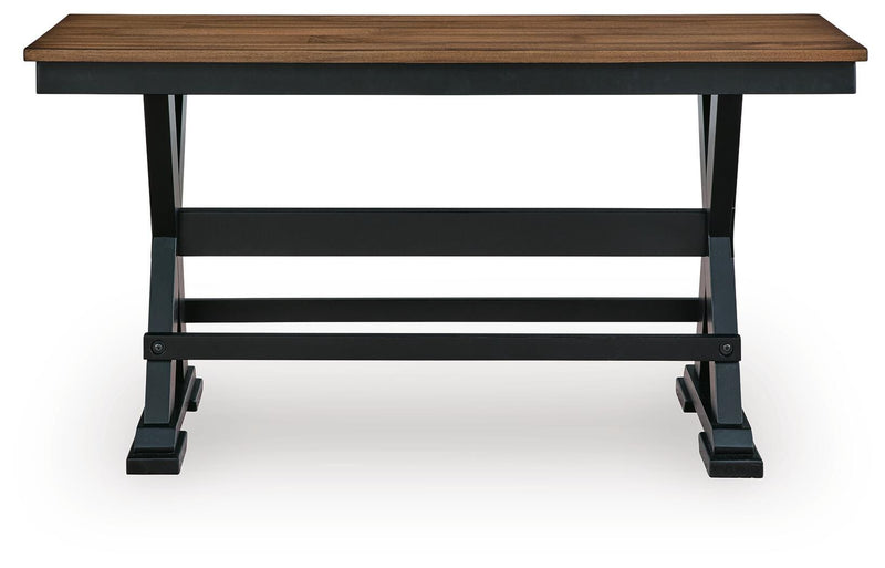 Ashley Furniture Wildenauer 48-inch counter height bench with wooden legs and cushioned seat, front view.