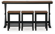 Ashley Furniture Wildenauer counter height dining table with three matching barstools, shown from a front head-on perspective.