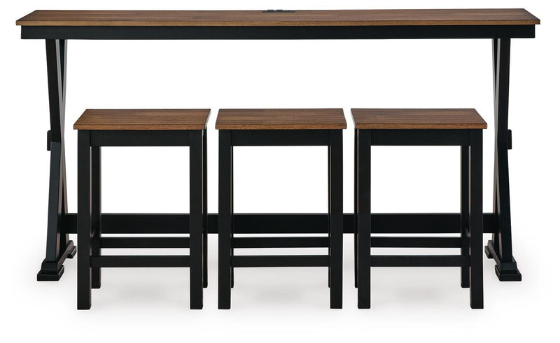 Ashley Furniture Wildenauer counter height dining table with three matching barstools, shown from a front head-on perspective.