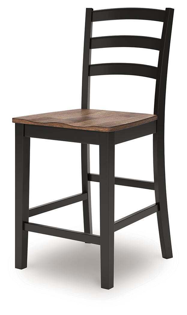 Ashley Furniture Wildenauer counter height barstool with wooden legs and upholstered seat, shown from an angled side view.