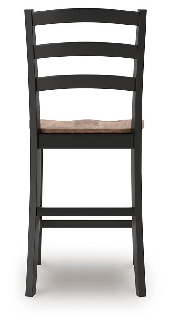 Ashley Furniture Wildenauer counter height barstool with a wooden frame and cushioned seat, shown from the back in a modern dining setting.