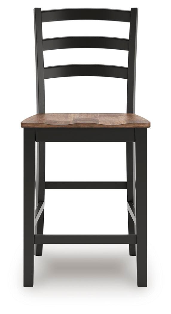 Ashley Furniture Wildenauer counter height barstool with wooden seat and metal frame, shown from a head-on angle.