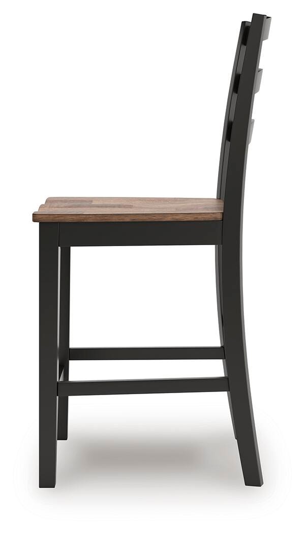 Side view of Ashley Furniture Wildenauer counter height barstool with wooden legs and a cushioned seat in a modern design.