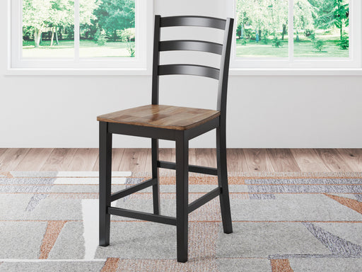 Ashley Furniture Wildenauer counter height barstool with wooden frame, cushioned seat, and backrest, perfect for kitchen or bar area.