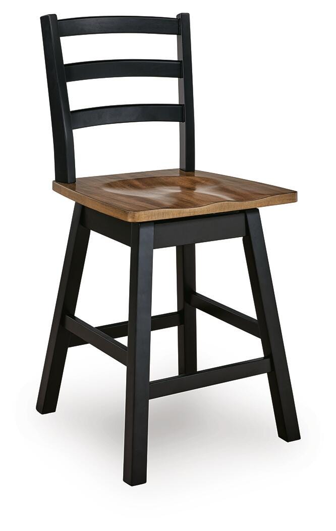 Wildenauer counter height swivel barstool by Ashley Furniture with wooden legs and a cushioned seat, shown from an angled side view.
