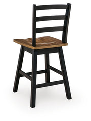 Ashley Furniture Wildenauer counter height swivel barstool with backrest and wooden legs, shown from the back in the image.