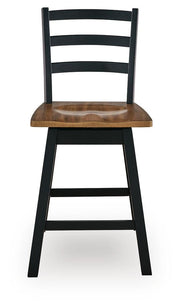 Ashley Furniture Wildenauer counter height swivel barstool with wooden frame and cushioned seat, shown from the front.