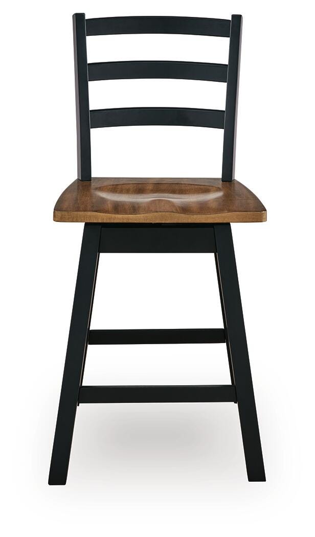 Ashley Furniture Wildenauer counter height swivel barstool with wooden frame and cushioned seat, shown from the front.