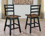 Ashley Furniture Wildenauer counter height swivel barstool with wooden seat and metal frame, shown from a side angle.