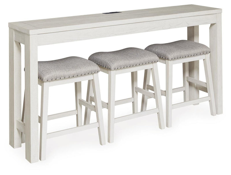 Ashley Furniture Robbinsdale counter height dining table with three matching barstools, shown from an angled side view.