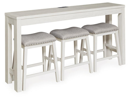 Ashley Furniture Robbinsdale counter height dining table with three matching barstools, shown from an angled side view.